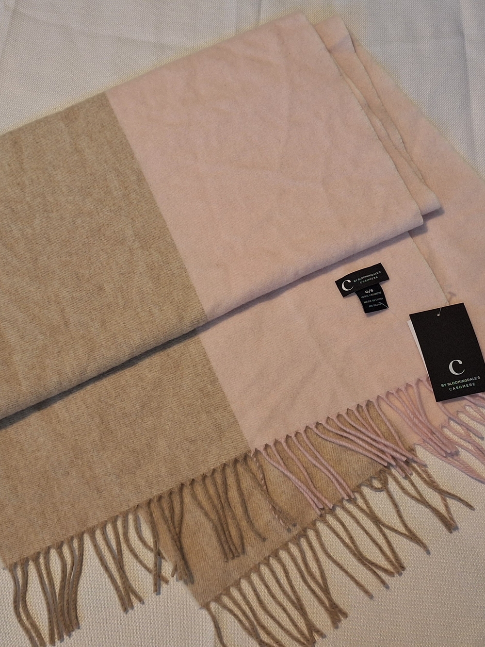 NWT  C by Bloomingdale's 100% Cashmere Block Stripe Oversized Scarf pink/tan